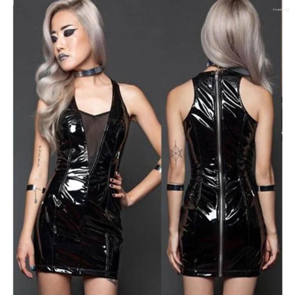 Vestidos casuais sexy pvc couro molhado olhar mini vestido sem mangas com zíper bodycon catsuit bondage clubwear pólo dança traje látex