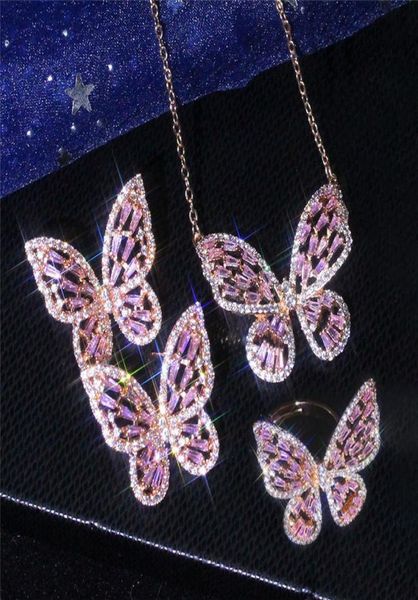 Nuovo affascinante set di gioielli 18 carati bianco rosa placcato oro Bling CZ orecchini a farfalla collana anello set di gioielli per ragazze donne Nizza Gif1999007