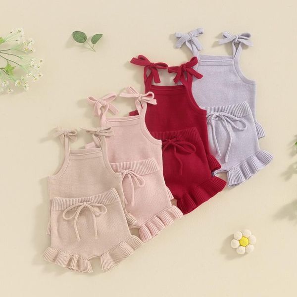 Conjuntos de roupas BeQeuewll Baby Girls Knit Shorts Outfits Cor Sólida Sem Mangas Cami Tops Com Cintura Elástica 2 Pçs Set Para 0-18 Meses