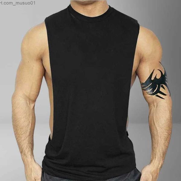 Regatas masculinas camiseta fitness masculina, colete esportivo com corte profundo, verão, algodão, cor sólida, gola redonda, camiseta l2402