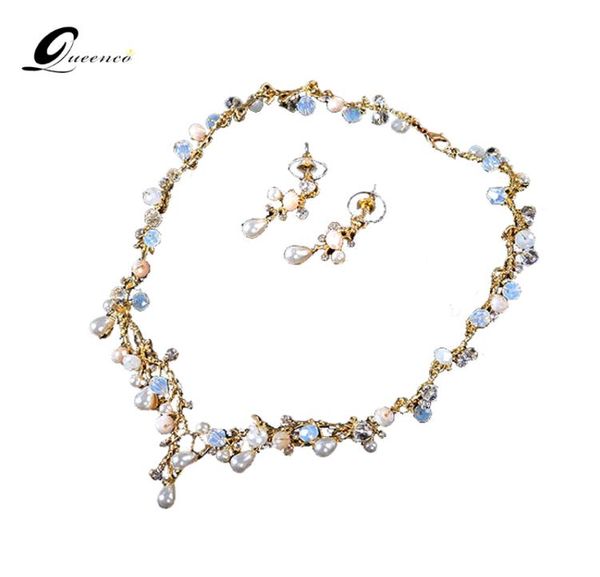 QUEENCO Kristall-Tränen-Hochzeits-Schmuck-Set, rheinfarbenes Halsband, Halskette und Ohrringe, goldfarben, Braut-Schmuck-Set für Frauen 6728664