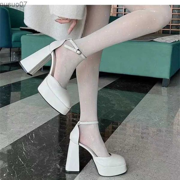 Sandalet süper yüksek topuk kalın topuk ayakkabı platformu sandalet kadınlar 2024 tasarımcı zarif moda seksi elbise parti yuvarlak ayak parmağı beyaz topuklu2402