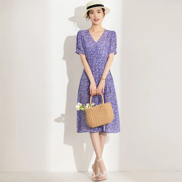 Parti Elbiseleri Violet Mulberry İpek Baskılı Çiçek Elbise Kadınlar Büyük Yaz Süren İş Boho Beach Ofis Seksi Lüks Artı Boyut
