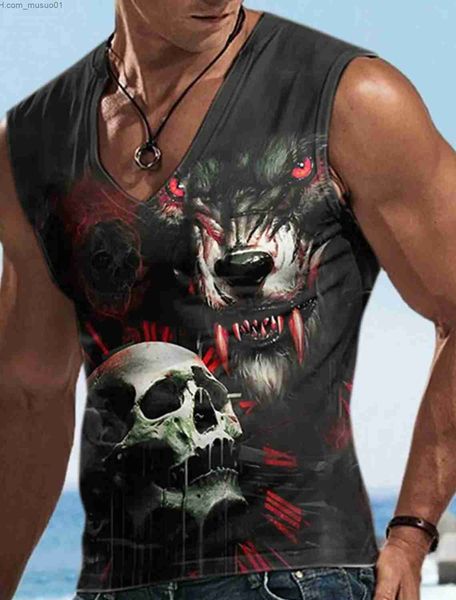 Herren-Tanktops 2023 Four Seasons Herren-Sport-T-Shirt, 3D-Muster, Totenkopf-Druck, Retro, ärmelloses Unterhemd, Herren, lässig, ärmellos, V-Ausschnitt, Streetwear, L2402