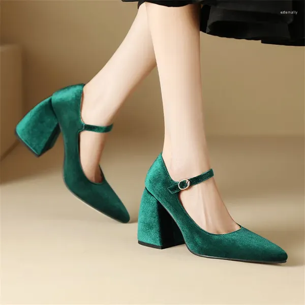 Модельные туфли PXELENA 2024, корейские женские бархатные туфли с ремешком на щиколотке, на массивном высоком каблуке с острым носком, вечерние офисные женские туфли-лодочки из искусственной замши, размеры 34–46