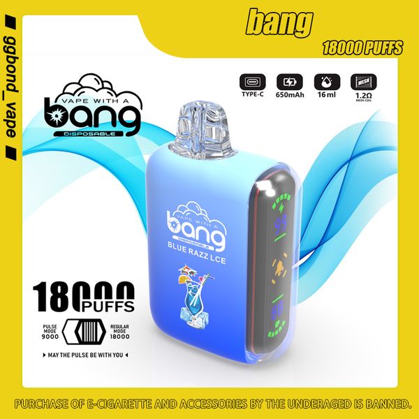 Оригинальные электронные сигареты Bang 18000 Puffs, одноразовые электронные сигареты Vape, 0% 2% 3% 5% Puff, 18 тыс. 16 мл, предварительно заполненный картридж, сетчатая катушка, 650 мАч, перезаряжаемая батарея, ручка с 12 вкусами