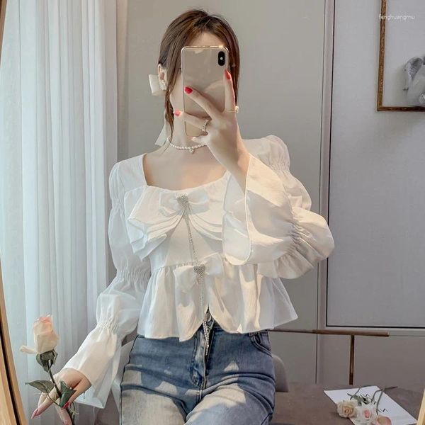 Blusas femininas outono colheita blusa feminina manga puff babados diamantes bowknot sólido elegante topo estilo coreano gola quadrada camisas doces