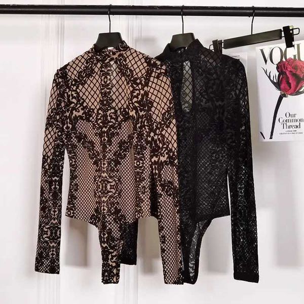 Mulheres Macacões Macacões 2022 Moda Mulheres Macacão Preto Malha Lace Integrado Top Apertado Terno Transparente Oco Sexy Nightclub Party Womens Roupas J2