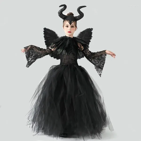 Mädchen-Kleider, Halloween, schwarze Königin, Cosplay-Kostüm für Spitzenkleid, festliches Kind, Tunika, Stirnband, Ärmel, Flügel, 4-teiliges Outfit, Kinderkittel