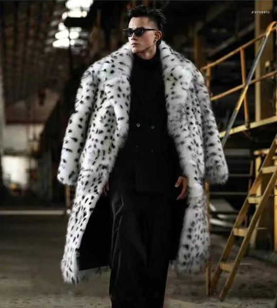 Casaco masculino com estampa de leopardo integrado, casaco longo com gola, imitação de raposa, tendência de inverno, jaqueta quente