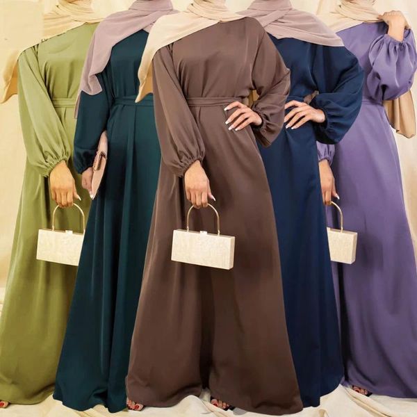 Roupas étnicas Modest Cetim Hijab Muçulmano Mulheres Maxi Vestido Dubai Turquia Eid Ramadan Islâmico Árabe Robe Kaftan Abaya Vestido de Festa