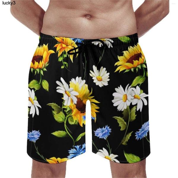 Pantaloncini da uomo Summer Board Giallo Girasole Sport Bianco Blu Fiori Stampa Spiaggia Simpatico e comodo costume da bagno di grandi dimensioni