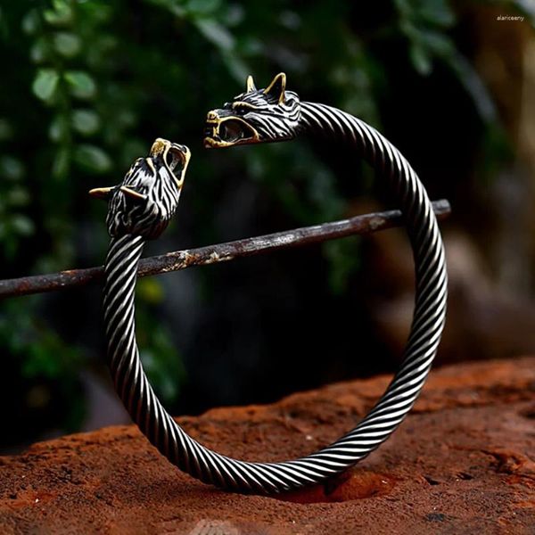 Armreif Vintage Viking Doppel Wolf Kopf Armband Für Männer Frauen Edelstahl Punk Mode Tier Armbänder Einfache Amulett Schmuck Geschenke