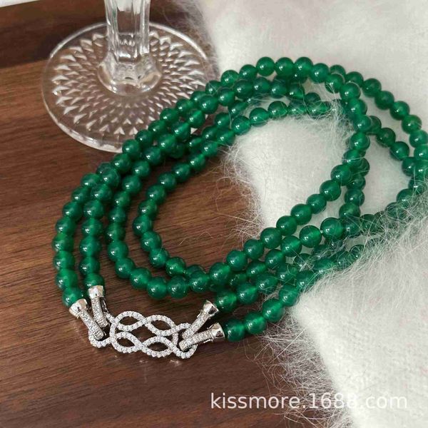 Chen Mo Nuova collana cinese a doppio strato di giada verde naturale con semplice catena lunga per maglione con perline di agata verde per donna