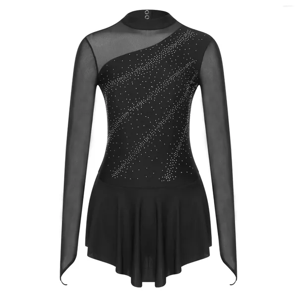 Bühne Tragen Strass Figur Eislaufen Tanz Kleid Frauen Langarm Mesh Glänzenden Ballett Gymnastic Trikot Lyrical Kostüm