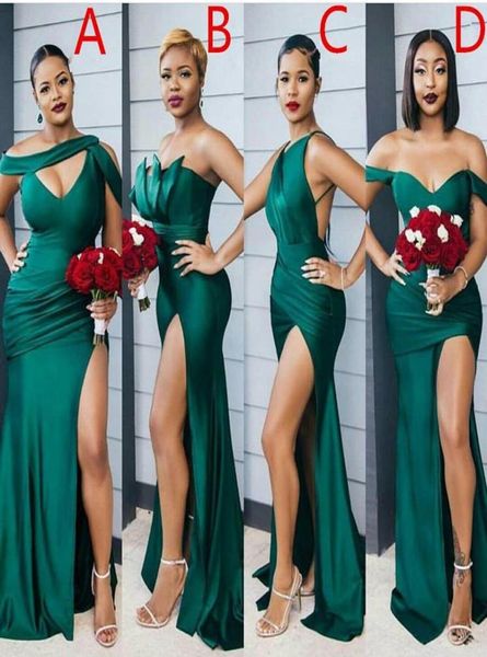 2022 modesto verde smeraldo spacco laterale abiti lunghi da damigella d'onore abiti da festa di nozze sexy differenza scollatura abito da damigella d'onore economico C5735351