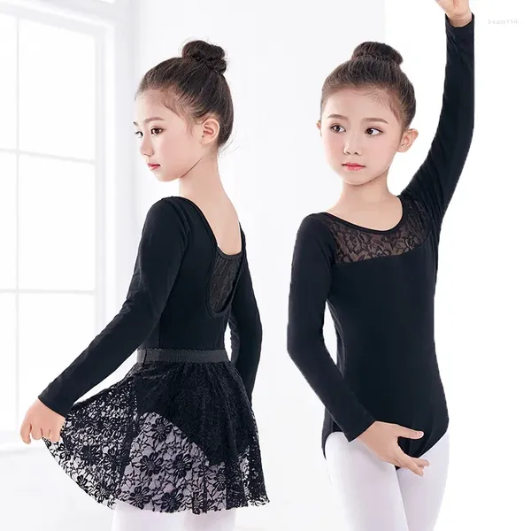 Abbigliamento da palco Vendita a maniche lunghe/corte Body da danza nero Gonna in pizzo Completo Ragazze Bambini Balletto Ginnastica