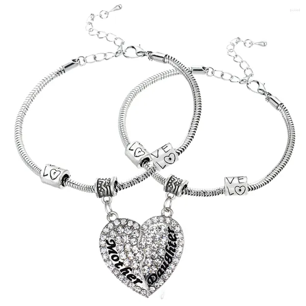 Braccialetti con ciondoli 2 pezzi placcato argento cristallo trasparente madre figlia braccialetto con cuore spezzato braccialetto con strass gioielli per ragazza da donna