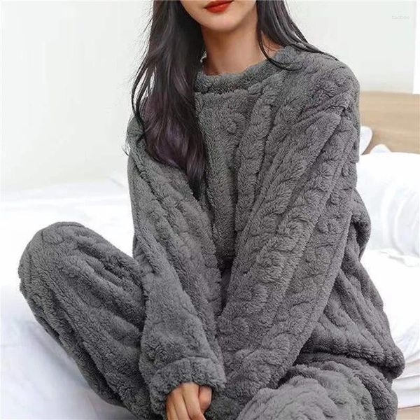Mulheres sleepwear mulheres impressão pijama conjunto inverno velo veludo 2 peça calça casa terno fofo coreano bonito pijama quente sono noite desgaste