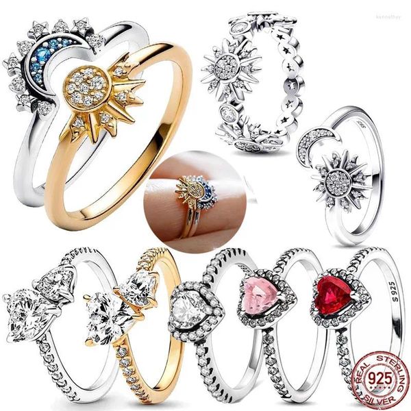 Anéis de cluster anel moda charme 925 prata esterlina sol lua cristal zircão ajuste design pulseira original dly jóias presente