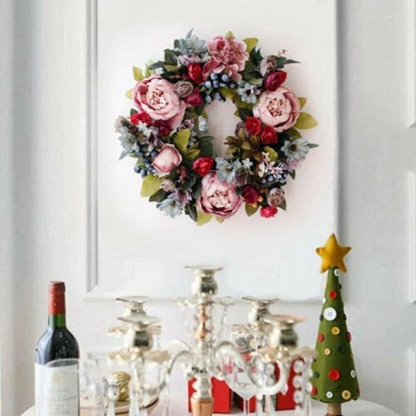 Fiori decorativi Retro Radice di loto Corona di peonia rosa Fiore di seta Decorazione di nozze Appeso a parete per porta di casa vacanza
