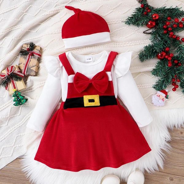 Set di abbigliamento Neonata Neonata Abiti da Babbo Natale Tinta unita Manica lunga Pagliaccetto Senza maniche Abito con fiocco Cappello annodato Natale