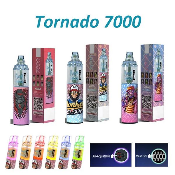 Originale RandM Tornado 7000 Puff monouso Vape Pen Sigarette elettroniche Pod Mesh Coil 6 colori luminosi Dispositivo ricaricabile regolabile in aria Puff 7000 Vape 0% 2% 3% 5% 7K