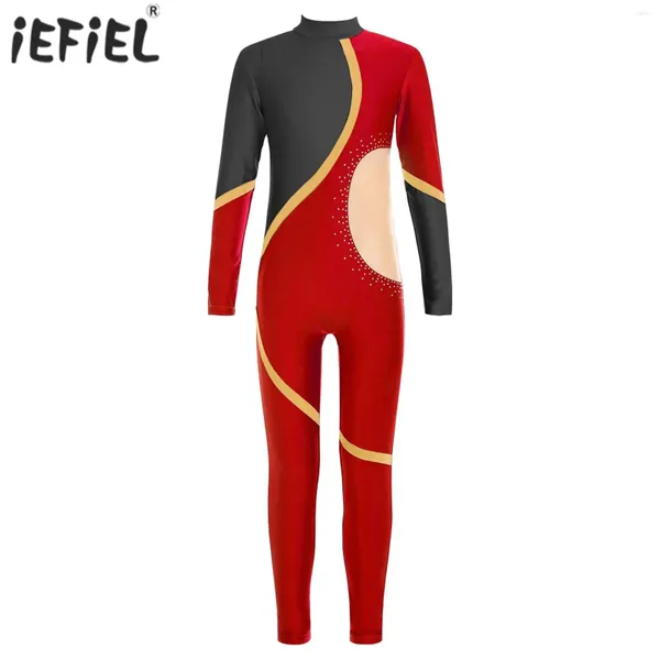 Palco desgaste crianças meninas ginástica patinação artística ballet unitards traje brilhante strass untard macacões manga longa comprimento total bodysuit