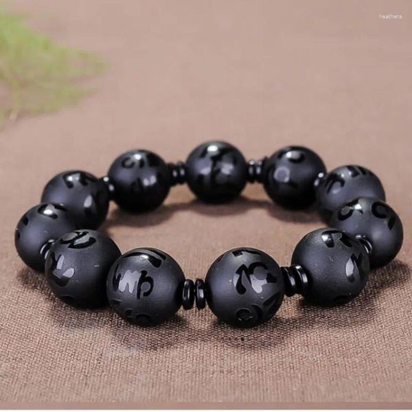 Link Pulseiras Preto Obsidiana Seis caracteres Verdadeiros Provérbios Pulseira Única Joias Cristal Fino Conta de Buda Esculpida