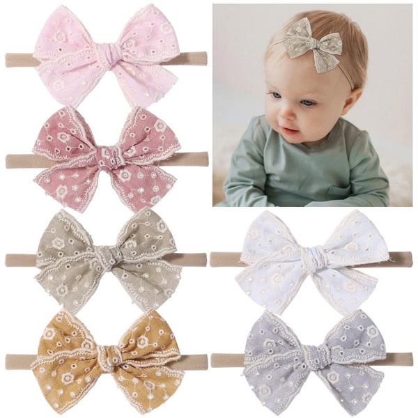 Haarschmuck Tuch Embroid aushöhlen Blume große Schleife Nylon hohe elastische Haarband für Baby Mädchen süße Kawaii rosa Stirnband