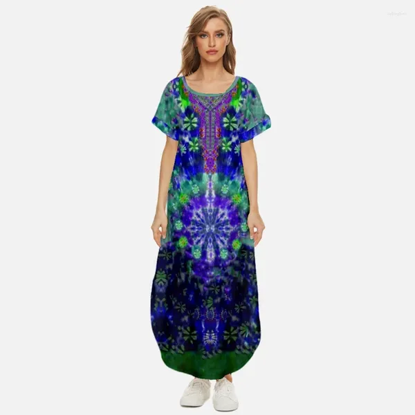 Vestidos de festa feminino maxi verão casual solto vintage tie dye impresso manga curta bainha irregular em torno do pescoço vestido