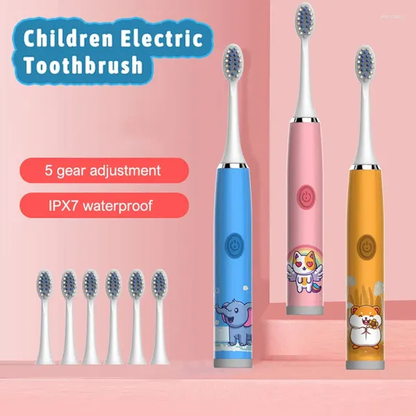 Sonik çocuk elektrikli diş fırçası şarj edilebilir renkli çizgi film fırçası çocuklar otomatik ipx7 yedek kafalarla su geçirmez