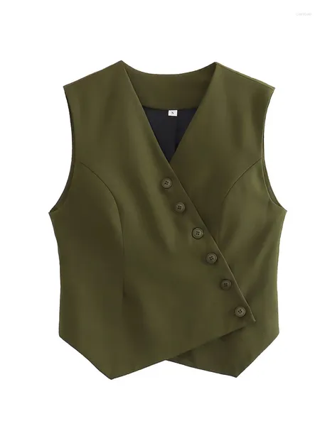 Coletes femininas Yenkye mulheres moda botão frontal exército verde assimétrico colete vintage v pescoço sem mangas feminino outerwear chique colete tops