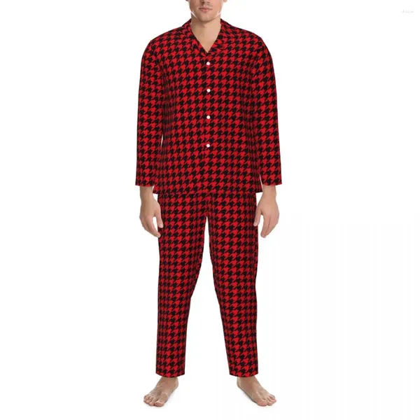 Masculino sleepwear elegante houndstooth outono preto e vermelho casual oversized pijama conjuntos mens manga longa moda design diário nightwear