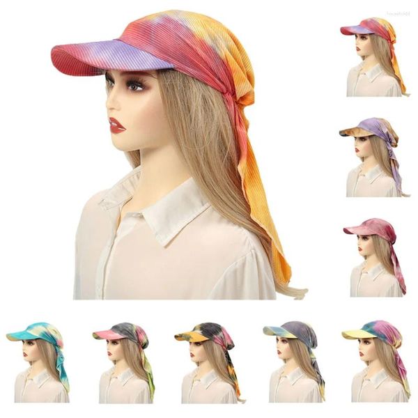 Roupas étnicas Verão Mulheres Ampla Brim Cap Sun Visor com Pré-amarrado Turban Caps Head Scarf Windproof Bandana Imprimir Colorido Chapéu de Praia Ao Ar Livre