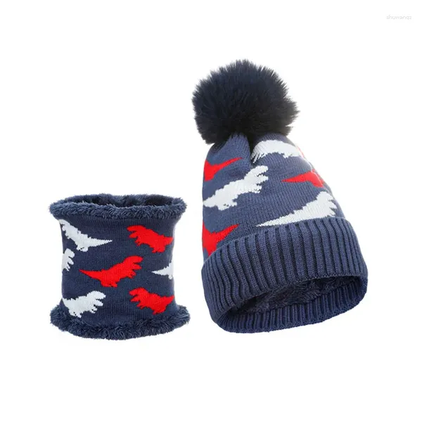 Berretti Cappello e sciarpa per bambini 2 pezzi Berretto lavorato a maglia invernale jacquard con stampa dinosauro rotondo per accessori per la stagione fredda dei ragazzi del bambino