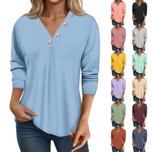 T-shirt da donna Manica 3/4 Moda Tinta unita Girocollo Bottone Top Modello semplice Aderente Camicia versatile dimagrante Ropa De Mujer