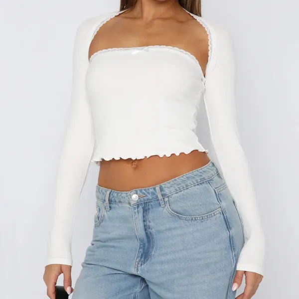 Damen T-Shirts Imcute Spitzenbesatz Langarm 2-teiliges Set Tube Tops mit Bolero Shrugs Y2K Crop Top Sexy Ausgehen