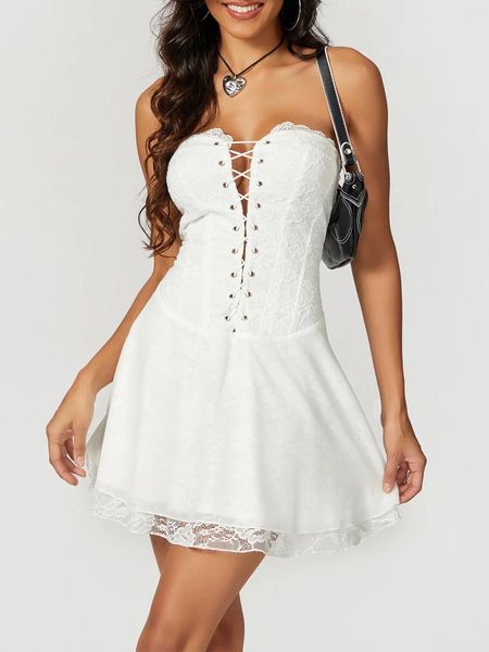Sıradan elbiseler wsevypo omuz dışı dantel çiçek beyaz tüp üst elbise kadın bayanlar için yaz sırtsız askısız çapraz bağ korse mini