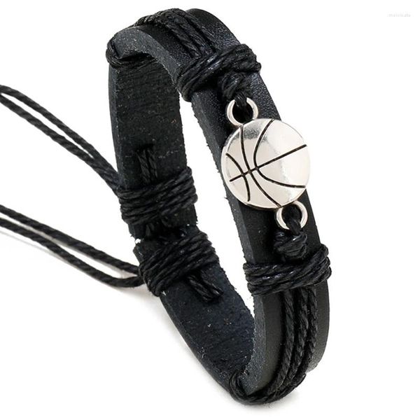 Charm Armbänder Einfaches handgewebtes schwarzes Lederarmband für Männer Hand Edelstahl Basketball Mode Einstellbar Punk Frauen Schmuck