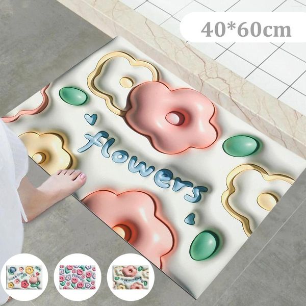 Tapetes 3D Flor Absorvente Tapete Anti-Slip Diatom Mud Chão Dobrável Banheiro Bonito Chuveiro Lavável Tapete de Quarto