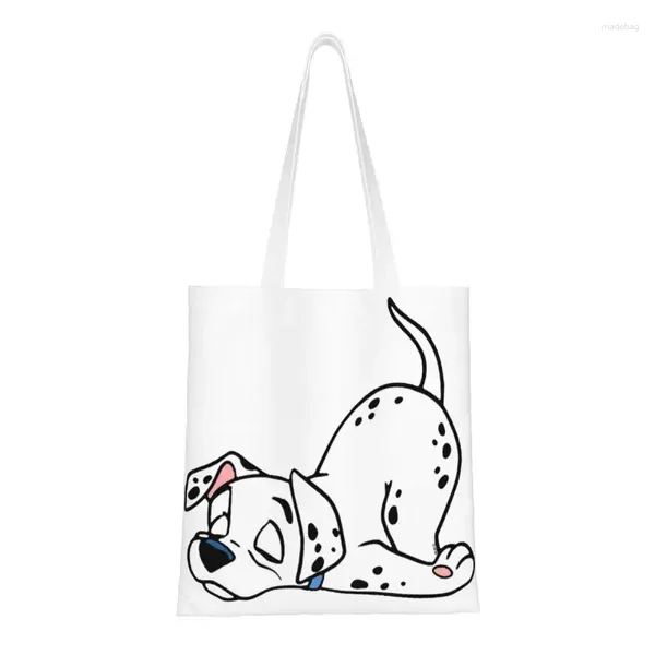 Sacos de compras Personalizado Dalmatian Qui Dort Canvas Mulheres Portátil Mercearia Cartoon Dog Tote Shopper