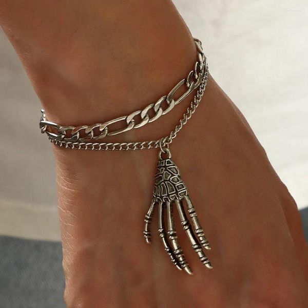 Link pulseiras gótico punk hipérbole esqueleto mão osso pingente para mulheres ajustável cor prata dedo pulseira fantasma garra jóias