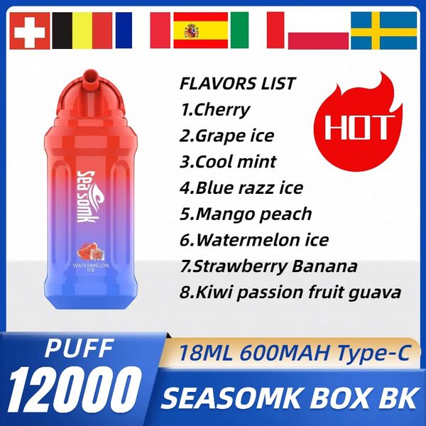 Seasomk Box Bang King 12000 Puf Verilebilir Vape Kalem 12K E Sigara 0% 2% 5% Vape İstenebilen Mesh Bobin 10 Tatlar Puf Barı 600mAh 18ml Preflefed Pod vs Shisha 15k