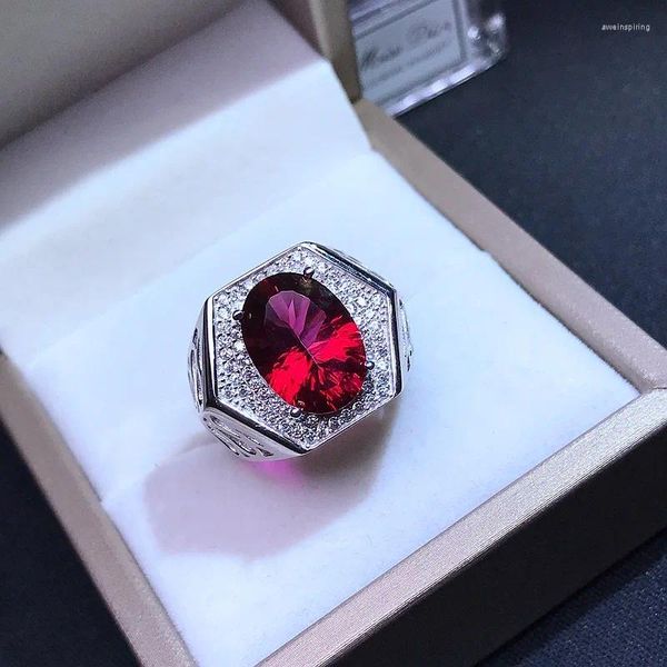 Anéis de cluster luxuoso anel de topázio natural para homem 10/14 mm vermelho prata moda sólida 925 pedras preciosas