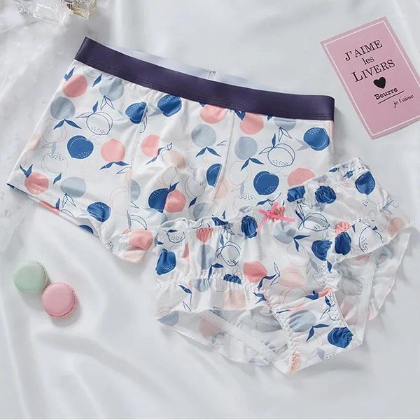 Kadın Panties 2 Parça Set Çift iç çamaşırı Baskılı Süt İpek Kadın Kılavuzu Sevimli Orta Bel Erkekler Pamuk Kasık Boksörleri Rahat Kawaii