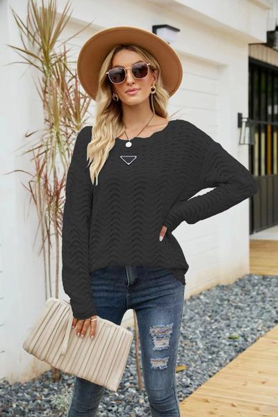 Designer Herbst-Winter Amazon neuer europäischer und amerikanischer einfarbiger, ausgehöhlter Pullover, Spitzenstrick, schulterfreier Pullover mit Linienausschnitt für Damen