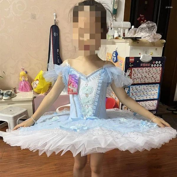 Palco desgaste profissional meninas crianças roupas de dança do ventre azul bailarina traje com aro crianças fada boneca ballet vestido tutu