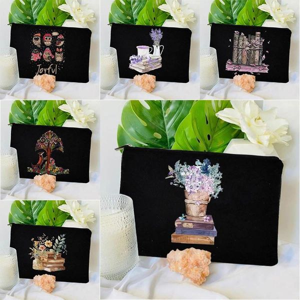 Sacos cosméticos livro flor padrão feminino lona maquiagem saco arte estética multifuncional viagem batom organizador lápis caso carteira menina