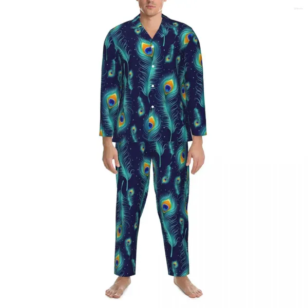 Pijamas masculinos design animal outono pavão pássaro penas vintage conjuntos de pijama de grandes dimensões manga longa na moda quarto casa terno